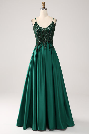 Dark Green A-Line Spaghetti Straps Long Wedding Party Dress